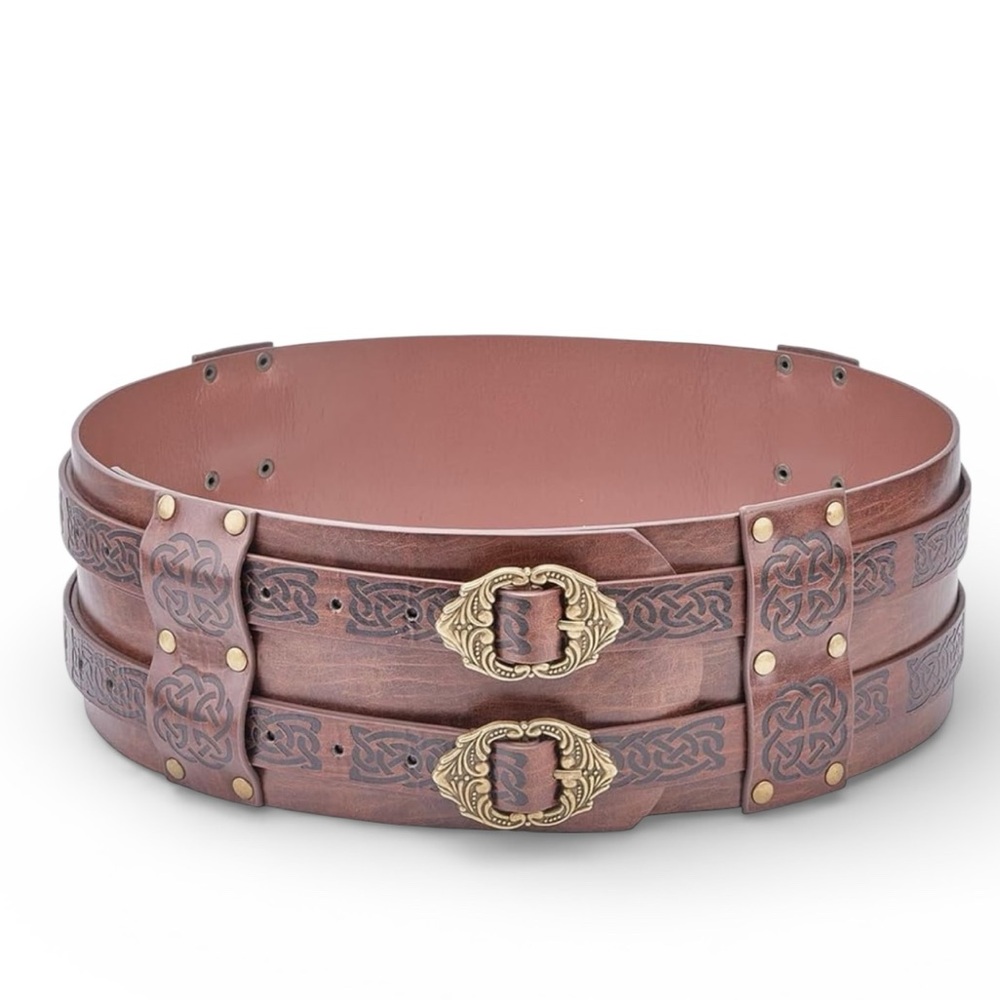 Brown wide faux Leather Belt with antique Gold Buckle Renaissance Eclectic Sz XL